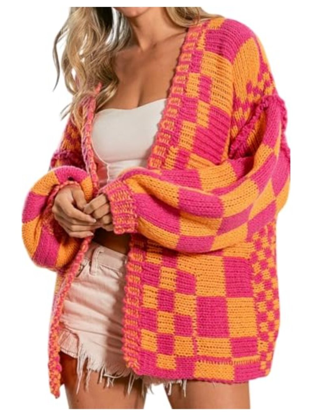 Womens Chunky Cardigan Sweater 100% Acrylic Checkered Open Front Knit